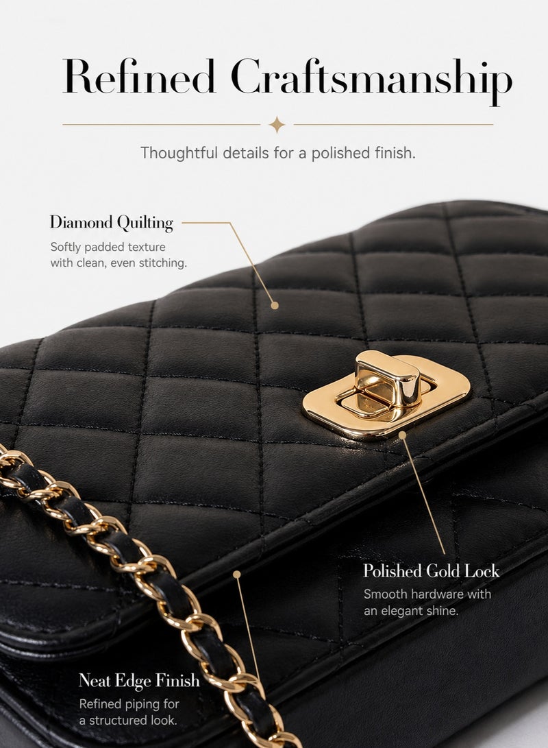 BLLE ROWN Bags for Ladies Small Quilted Chain Crossbody Bag for Women Elegant Black PU Shoulder Purse with Gold Lock Detail Daily Use Gift for Her - Image 3