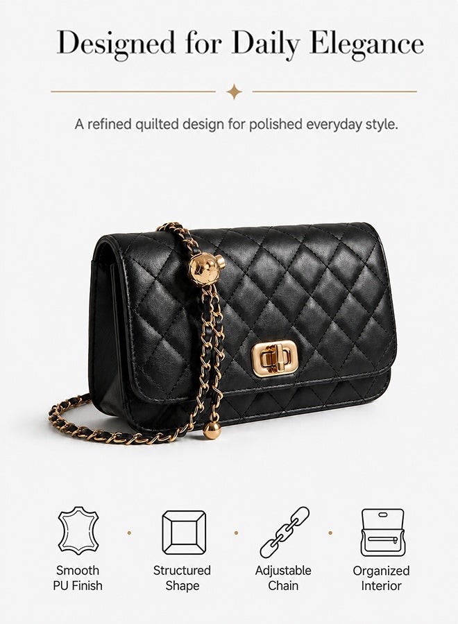 BLLE ROWN Bags for Ladies Small Quilted Chain Crossbody Bag for Women Elegant Black PU Shoulder Purse with Gold Lock Detail Daily Use Gift for Her - Image 2