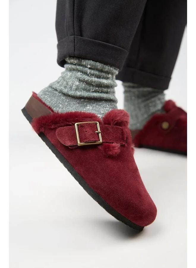 Zeta 2 Fur Women's Genuine Leather Buckle Strap Sabo Bordeaux Slippers.