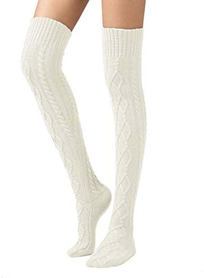 Warm Cable Knit Over Knee Socks for Women - Long Leg Warmers for Winter, Stylish Rhombus Design, Cozy Knitted Wool Stockings, Perfect for Cold Weather - Image 1