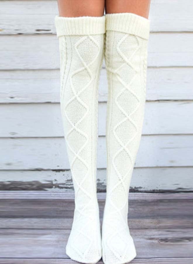 Warm Cable Knit Over Knee Socks for Women - Long Leg Warmers for Winter, Stylish Rhombus Design, Cozy Knitted Wool Stockings, Perfect for Cold Weather - Image 3