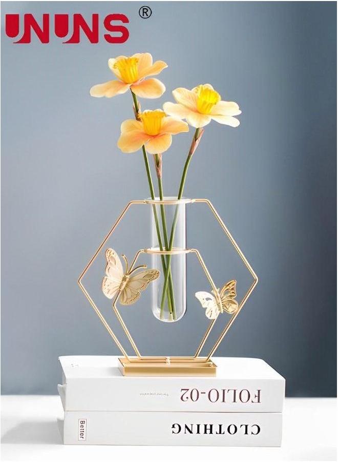 UNUNS Flower Vases With Iron Art Frame,Hexagonal Shaped Vase Terrarium Planter,Vases For Decor Clear Decorations,Golden - Image 1
