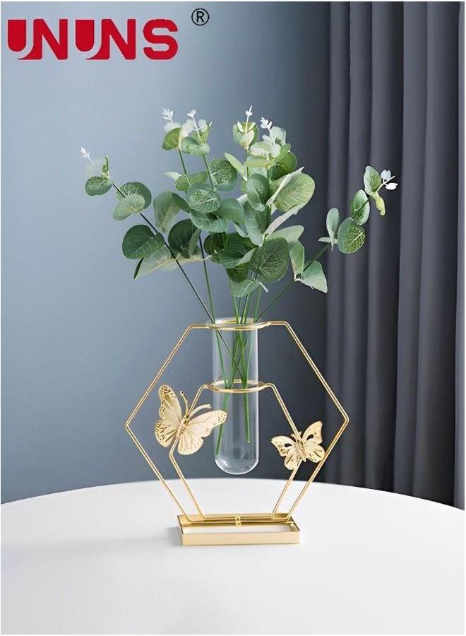 UNUNS Flower Vases With Iron Art Frame,Hexagonal Shaped Vase Terrarium Planter,Vases For Decor Clear Decorations,Golden - Image 4