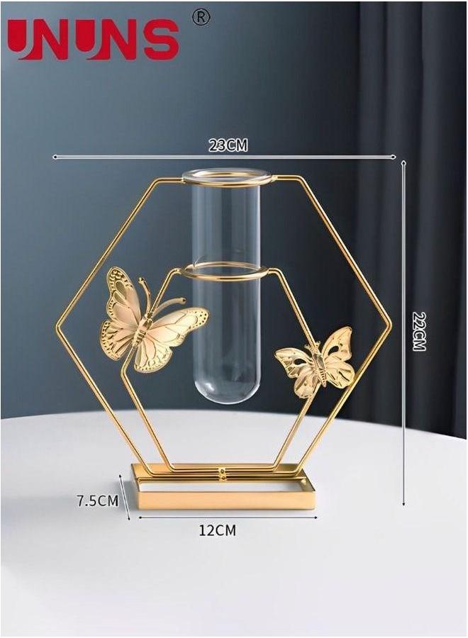 UNUNS Flower Vases With Iron Art Frame,Hexagonal Shaped Vase Terrarium Planter,Vases For Decor Clear Decorations,Golden - Image 5