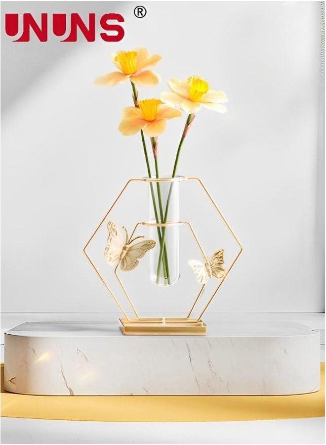 UNUNS Flower Vases With Iron Art Frame,Hexagonal Shaped Vase Terrarium Planter,Vases For Decor Clear Decorations,Golden - Image 3