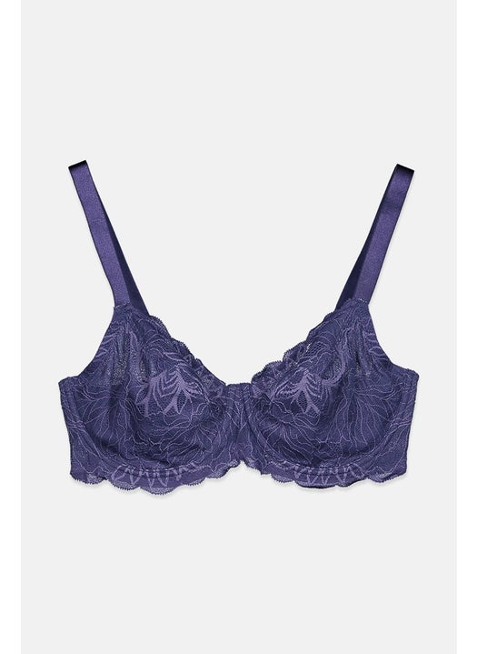 Women Non Padded Underwired Lace Bra, Dark Blue