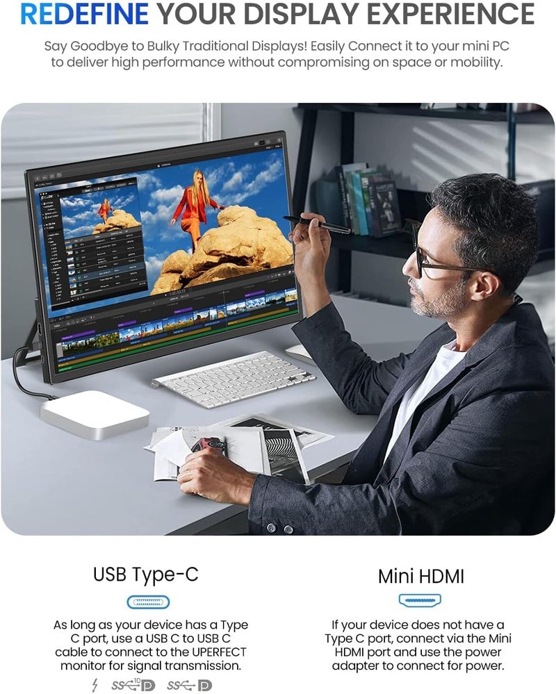 UPERFECT 21.5” 120HZ Touchscreen Portable Monitor w/Kickstand & VESA, Large Portable Gaming Monitor with HDMI Type C, External Display for Laptops, Steamdeck, Mac-Book, Phones, Mini PC - Image 5