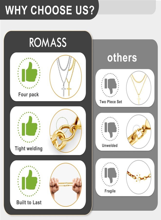 Romass 4Pcs Cross Necklace for Men,Stainless Steel Chains for Men Layered Necklaces Silver Gold Black Pendant Jewelry Box Gifts 18-24 Inches, Medium, Stainless Steel, No Gemstone - Image 4
