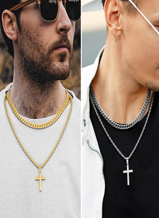 Romass 4Pcs Cross Necklace for Men,Stainless Steel Chains for Men Layered Necklaces Silver Gold Black Pendant Jewelry Box Gifts 18-24 Inches, Medium, Stainless Steel, No Gemstone - Image 2