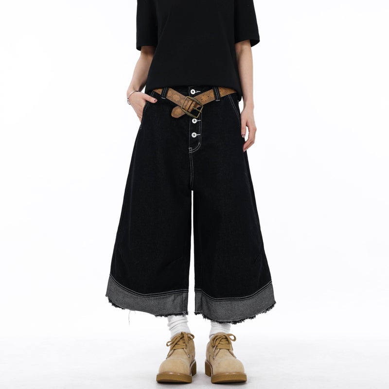 American Retro Black Multi-Pocket Raw Hem Denim Cropped Pants Unisex High-End Loose Casual Wide-Leg Trendy - Image 1