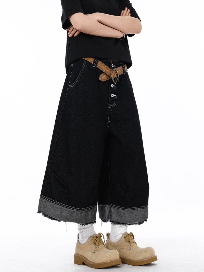 American Retro Black Multi-Pocket Raw Hem Denim Cropped Pants Unisex High-End Loose Casual Wide-Leg Trendy - Image 5