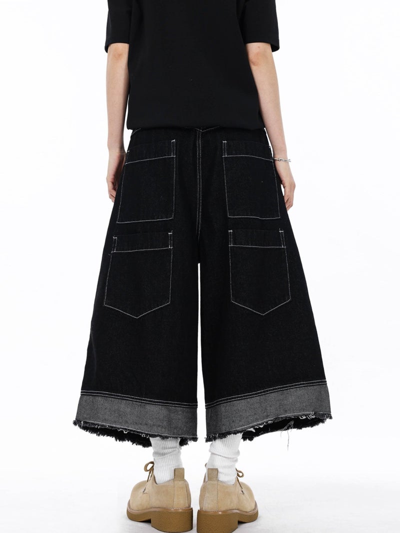 American Retro Black Multi-Pocket Raw Hem Denim Cropped Pants Unisex High-End Loose Casual Wide-Leg Trendy - Image 4