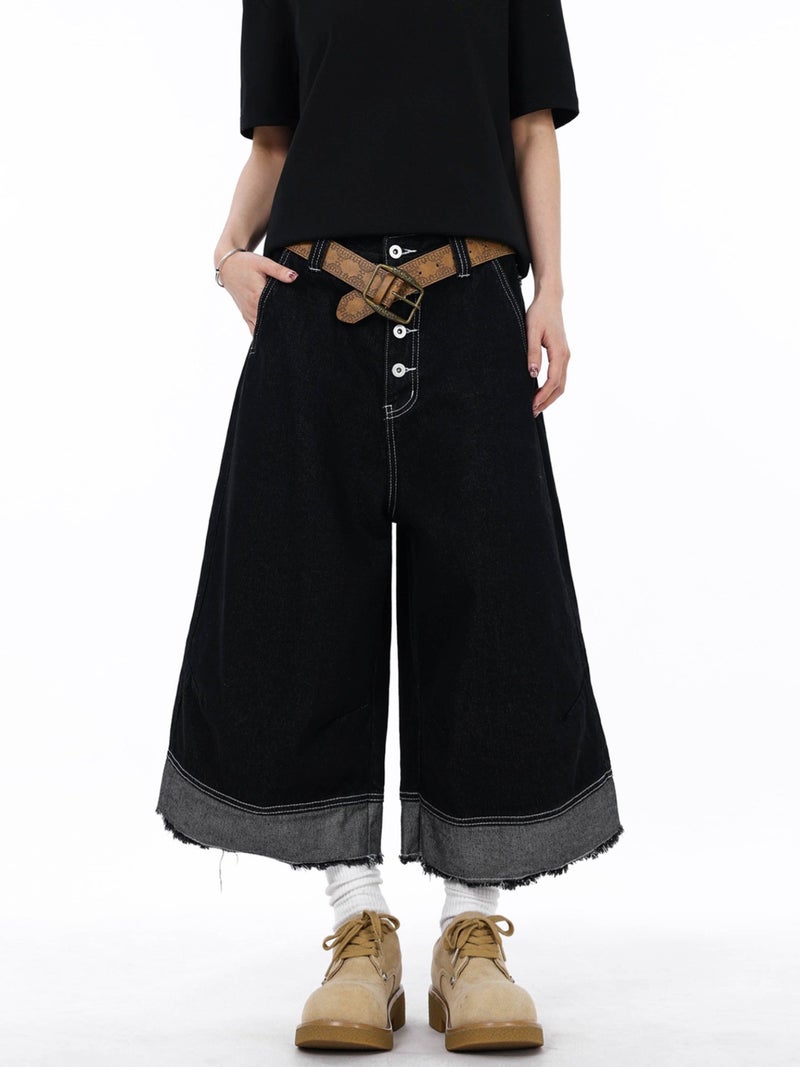 American Retro Black Multi-Pocket Raw Hem Denim Cropped Pants Unisex High-End Loose Casual Wide-Leg Trendy - Image 3