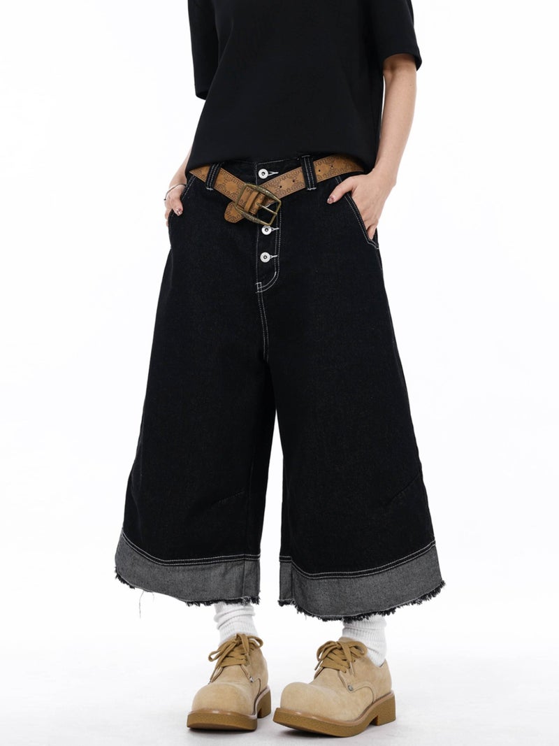 American Retro Black Multi-Pocket Raw Hem Denim Cropped Pants Unisex High-End Loose Casual Wide-Leg Trendy - Image 2