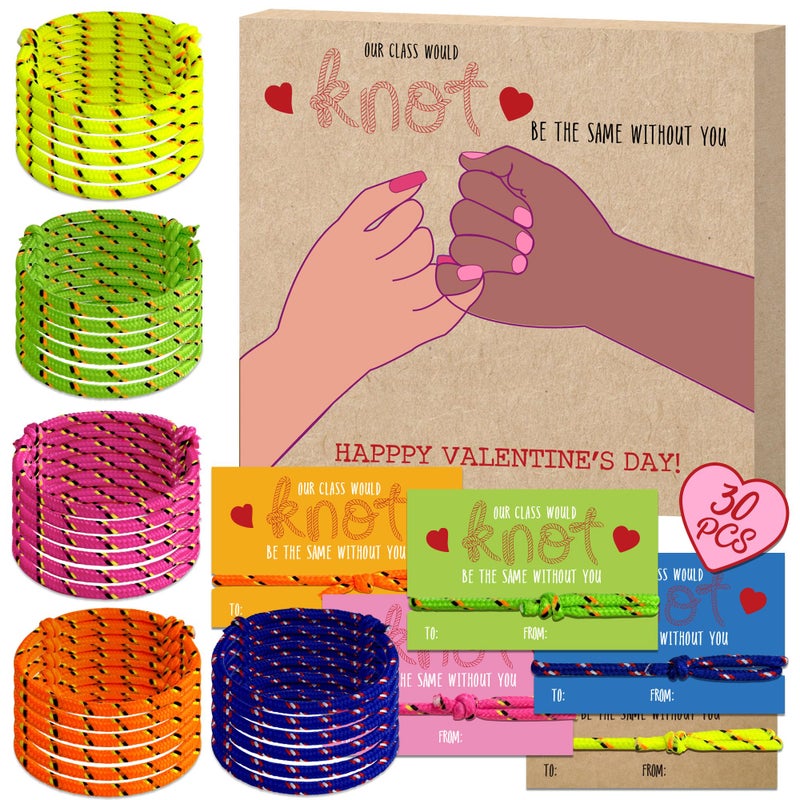 Milianquill Valentines Day Gifts for Kids Classroom from Teacher to Student - 30 Pack Bulk Knot Friendship Bracelet Valentines for 3rd 4th 5th Grade, Non Candy Valentine Party Favors for School Class Exchange - Image 1