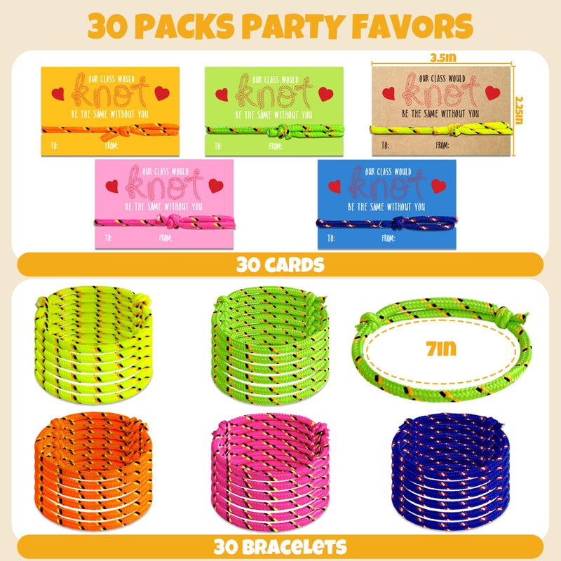 Milianquill Valentines Day Gifts for Kids Classroom from Teacher to Student - 30 Pack Bulk Knot Friendship Bracelet Valentines for 3rd 4th 5th Grade, Non Candy Valentine Party Favors for School Class Exchange - Image 2