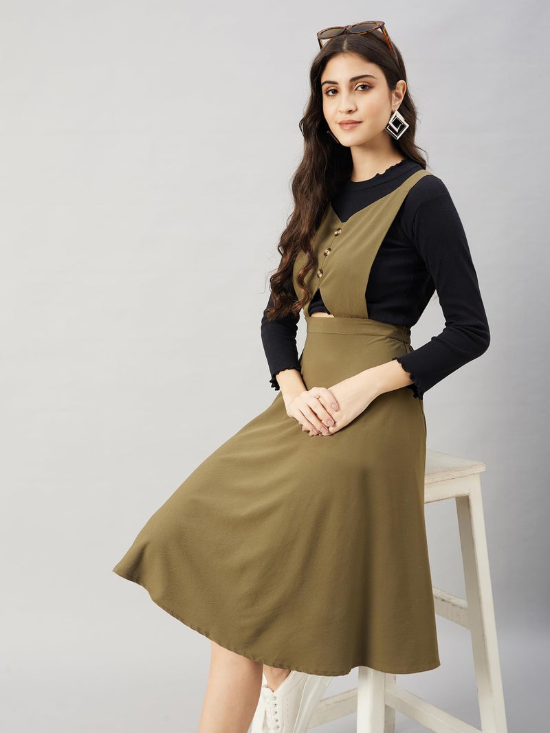 WineRed Women Midi Green Pinafore Flared Dress, Medium - Image 2