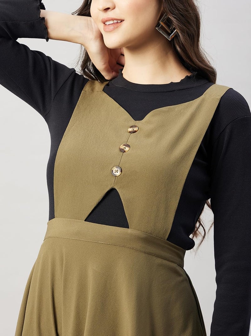 WineRed Women Midi Green Pinafore Flared Dress, Medium - Image 5
