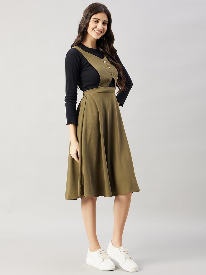 WineRed Women Midi Green Pinafore Flared Dress, Medium - Image 4
