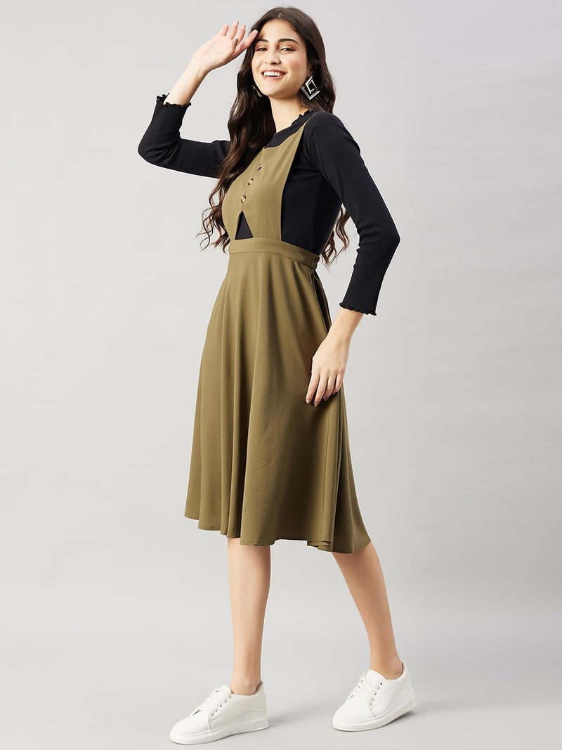 WineRed Women Midi Green Pinafore Flared Dress, Medium - Image 3