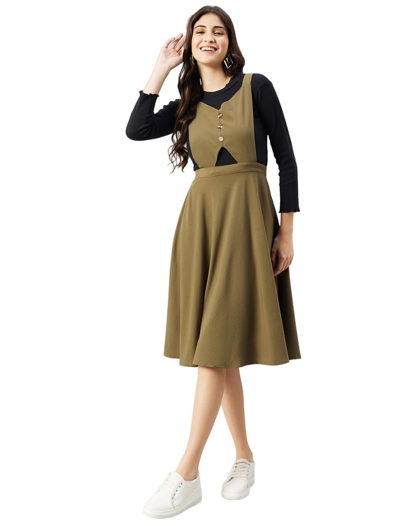 WineRed Women Midi Green Pinafore Flared Dress, Medium - Image 1