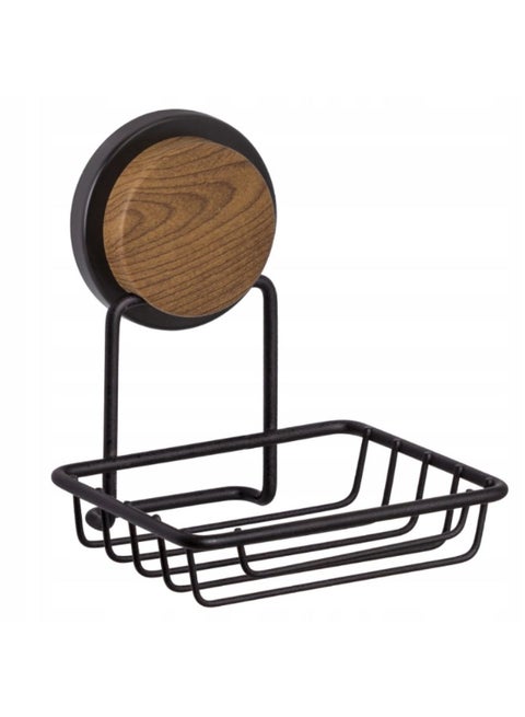 No drill soap dish holder  adhesive wall mounted wood accent & stainless steel frame rust-resistant 10 kg load, 11.5L × 13W × 14H cm black