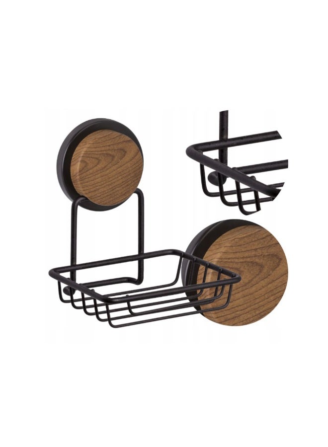 Okyanus No drill soap dish holder  adhesive wall mounted wood accent & stainless steel frame rust-resistant 10 kg load, 11.5L × 13W × 14H cm black - Image 2