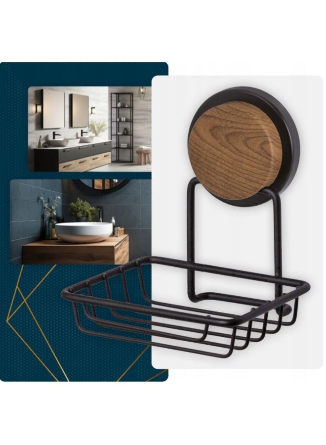 Okyanus No drill soap dish holder  adhesive wall mounted wood accent & stainless steel frame rust-resistant 10 kg load, 11.5L × 13W × 14H cm black - Image 4