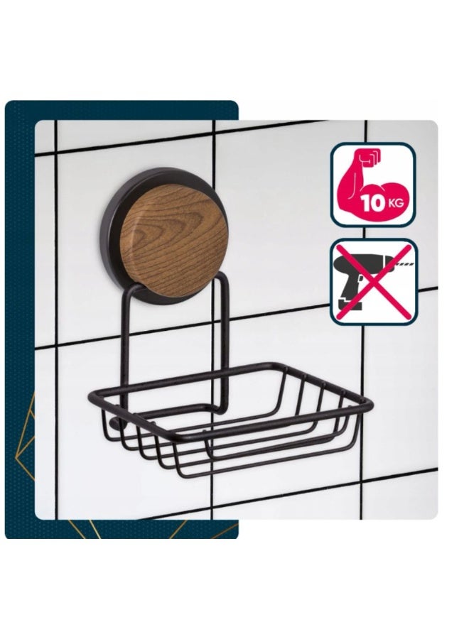 Okyanus No drill soap dish holder  adhesive wall mounted wood accent & stainless steel frame rust-resistant 10 kg load, 11.5L × 13W × 14H cm black - Image 5