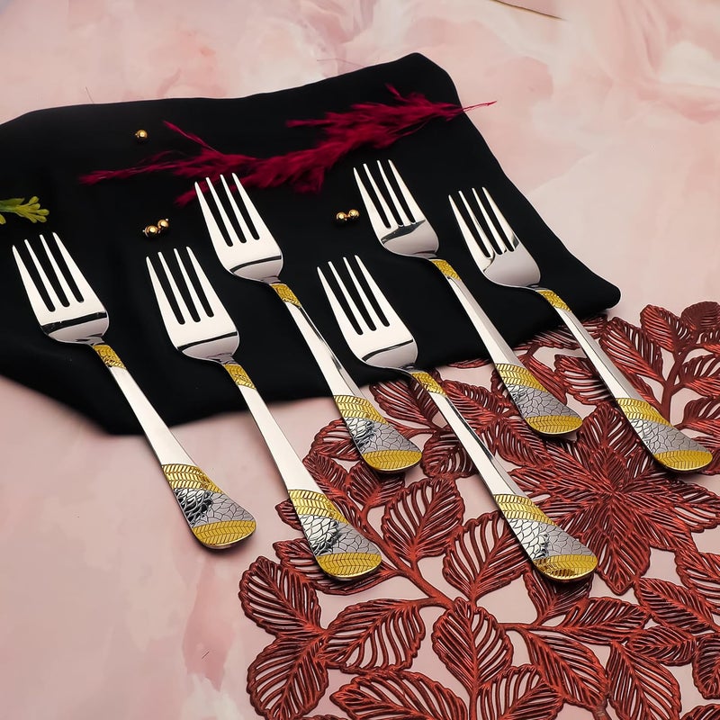 Parage Parage 6 Pieces Stainless Steel 24k Golden Dinner Forks16 cm Premium Forks Cutlery Set for Home Kitchen Luxury Dining Tableware Gift for House Warming 24 Karat Gold Plated Forks Imperial Design - Image 3