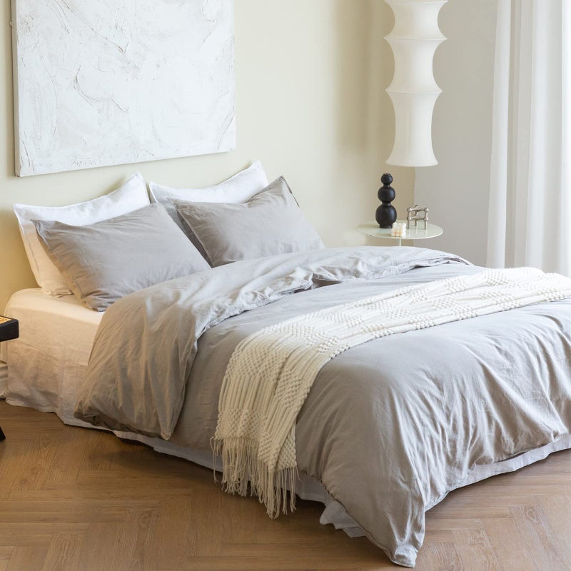 BISELINA French Linen Duvet Cover Set 3pcs with Hidden Zipper Closure Natural Flax Cotton Blend Solid Color Soft Breathable Luxury Farmhouse Bedding King Size Grey