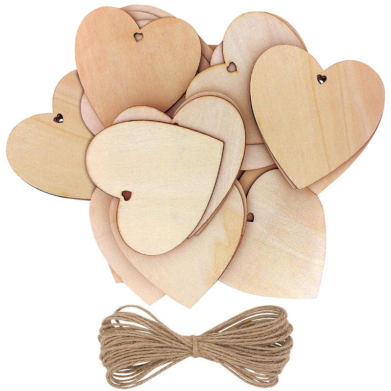 Kurtzy Kurtzy 50 Pack of Wooden Hearts  Wooden Hearts for Crafting  with 10m Natural Twine  Personalised Decoration
