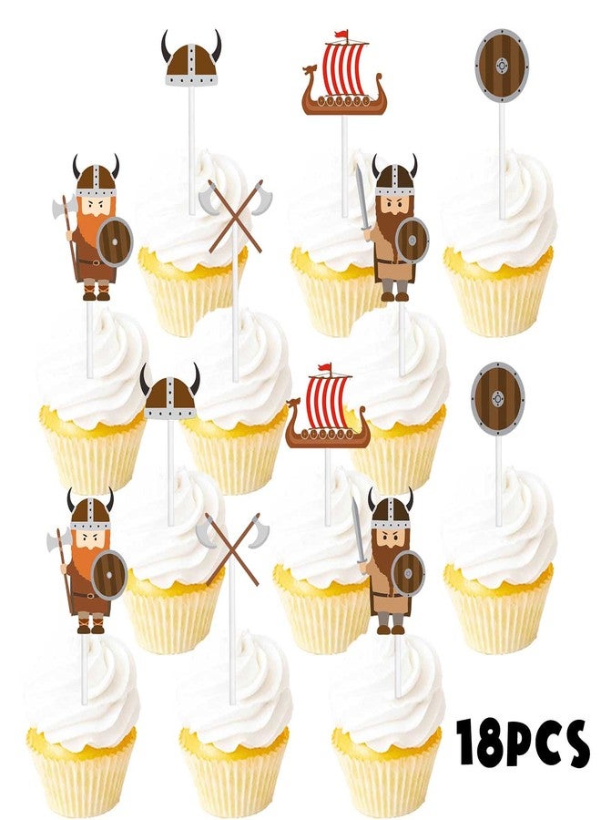 LETLIMIT 18pcs Brown Glitter Viking Dessert Cupcake Topper Ship Helmet Brave Barbarian Pirate Theme Decor Supplies Baby Shower Happy Birthday Party Decorations - Image 3