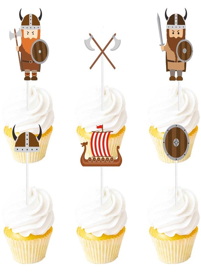 LETLIMIT 18pcs Brown Glitter Viking Dessert Cupcake Topper Ship Helmet Brave Barbarian Pirate Theme Decor Supplies Baby Shower Happy Birthday Party Decorations - Image 1