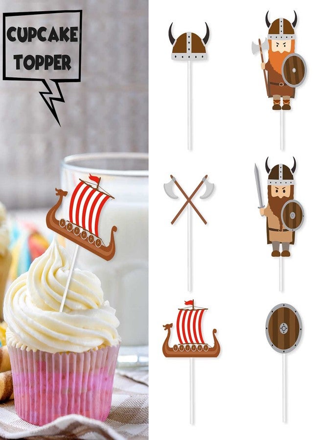 LETLIMIT 18pcs Brown Glitter Viking Dessert Cupcake Topper Ship Helmet Brave Barbarian Pirate Theme Decor Supplies Baby Shower Happy Birthday Party Decorations - Image 2