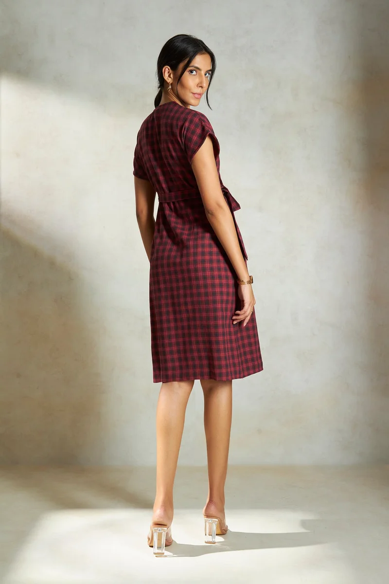 Virgio  Checks Cotton Red Checked Wrap Midi Dress for Women for Women | Best Price UAE