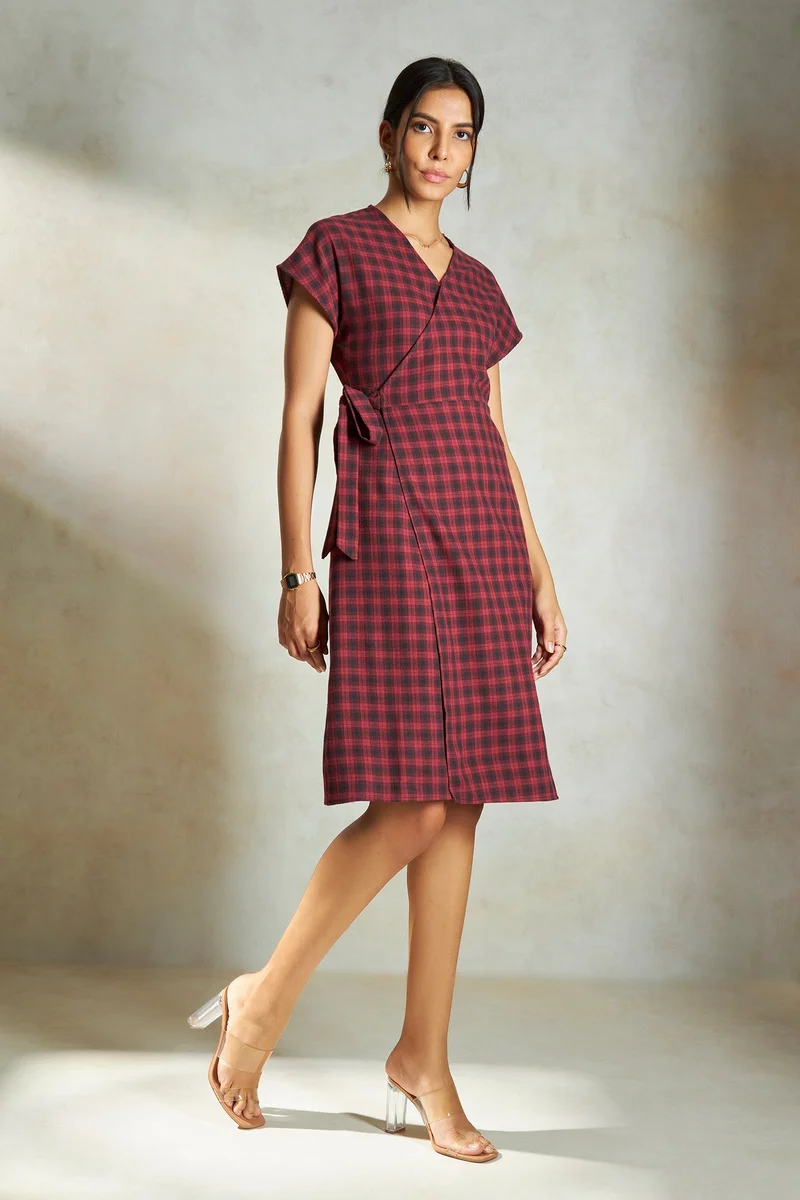 Virgio  Checks Cotton Red Checked Wrap Midi Dress for Women for Women | Best Price UAE