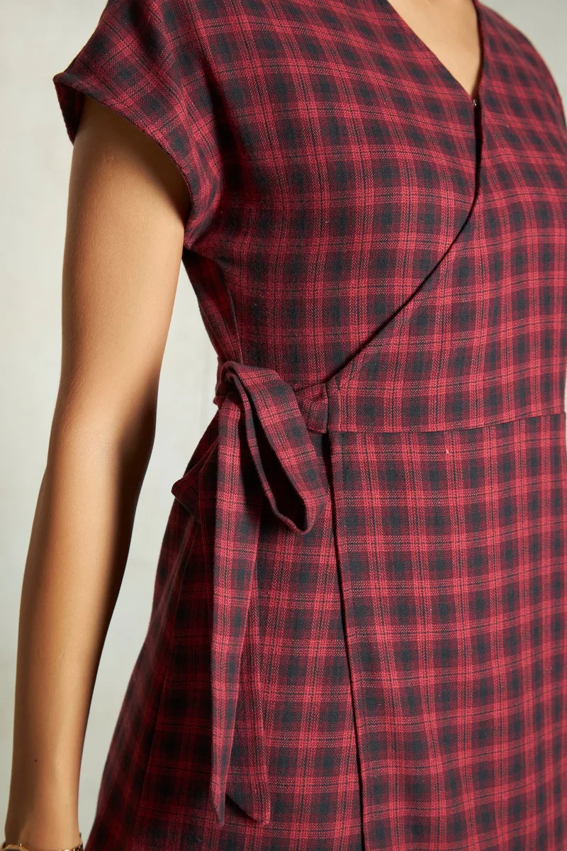 Virgio  Checks Cotton Red Checked Wrap Midi Dress for Women for Women | Best Price UAE