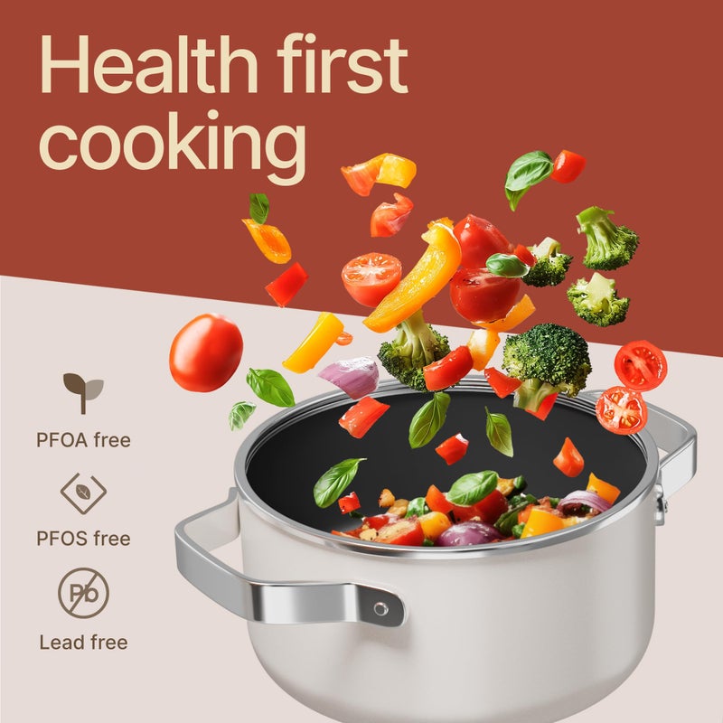 BAKKENMASTER Bakken 5 Quart Ceramic Coated Stock Pot with Lid, Easy to Clean Nonstick Pot, Tempered Glass Lid, Riveted Stainless Steel Handles, Oven Safe Up To 500Â°F, PTFE & PFAS Free, All Stove Compatible, Cream - Image 5