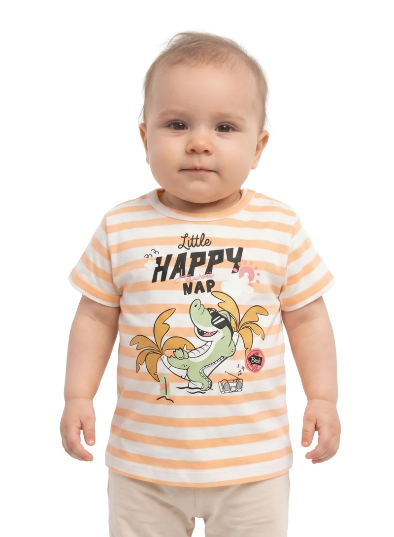 ايكو AIKO Infant Girls 2-Piece Printed Pyjama Set – Short-Sleeve Striped T-Shirt and Elastic-Waist Pants, Orange/White