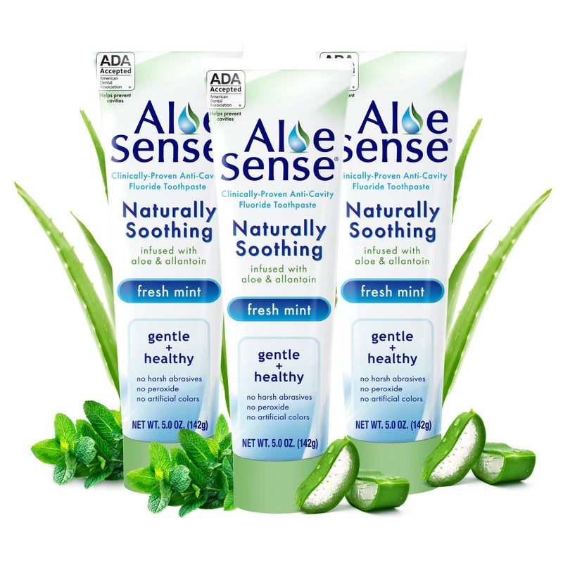 AloeSense Naturally Soothing Toothpaste for Sensitive Teeth and Gum Care with Aloe Vera Allantoin Fresh Mint Flavor Gentle Natural ADA Approved 5oz 3 Count