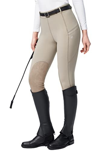 SANTINY Women's Horse Riding Pants with Zipper Pockets Knee-Patch Schooling Tights Equestrian Breeches for Women (Taupe_S) - Image 1