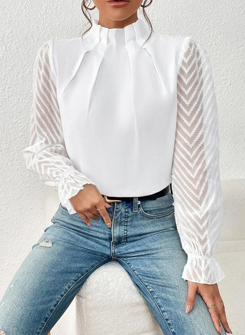 يونيكي White High Neck Long Sleeves Solid Top