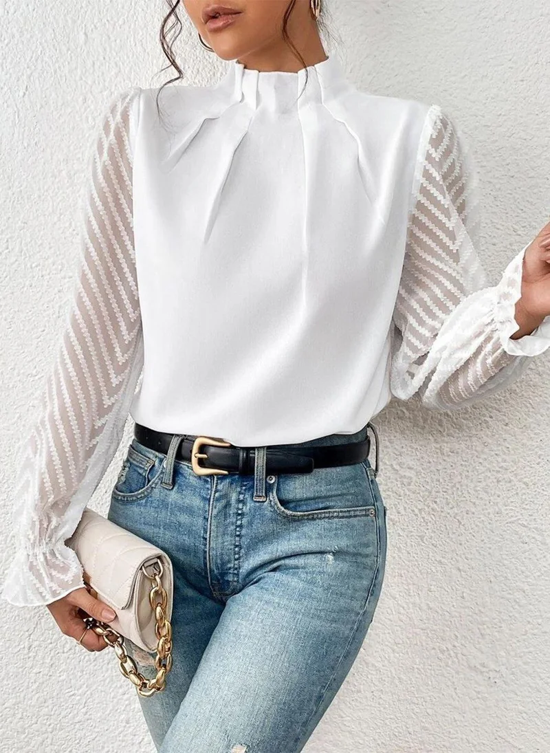 يونيكي White High Neck Long Sleeves Solid Top