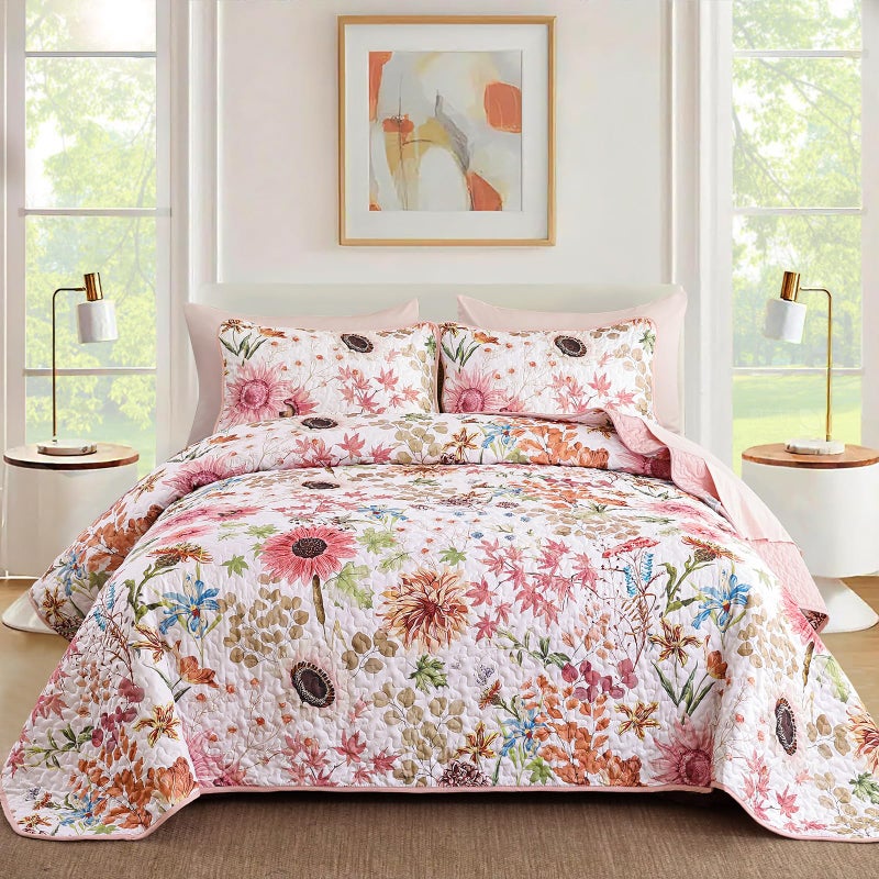 Yiran Pink Floral Quilts Queen Size, Sunflower Botanical Bedspread Bedding Set, 3 Pieces Colorful Soft Lightweight Microfiber Coverlet with 2 Pillow Shams for All Season 96x90 Inch - Image 1