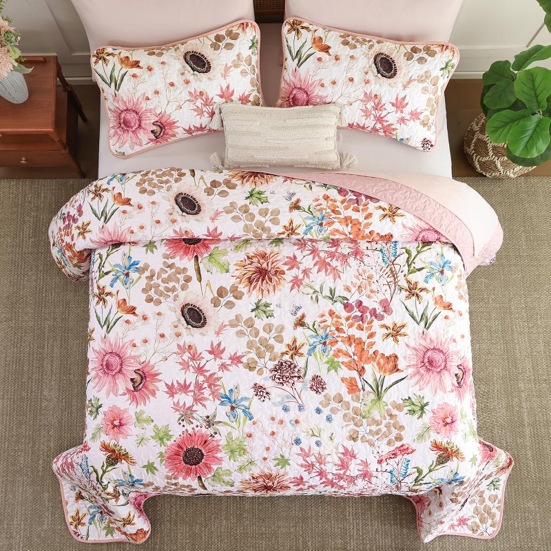 Yiran Pink Floral Quilts Queen Size, Sunflower Botanical Bedspread Bedding Set, 3 Pieces Colorful Soft Lightweight Microfiber Coverlet with 2 Pillow Shams for All Season 96x90 Inch - Image 4