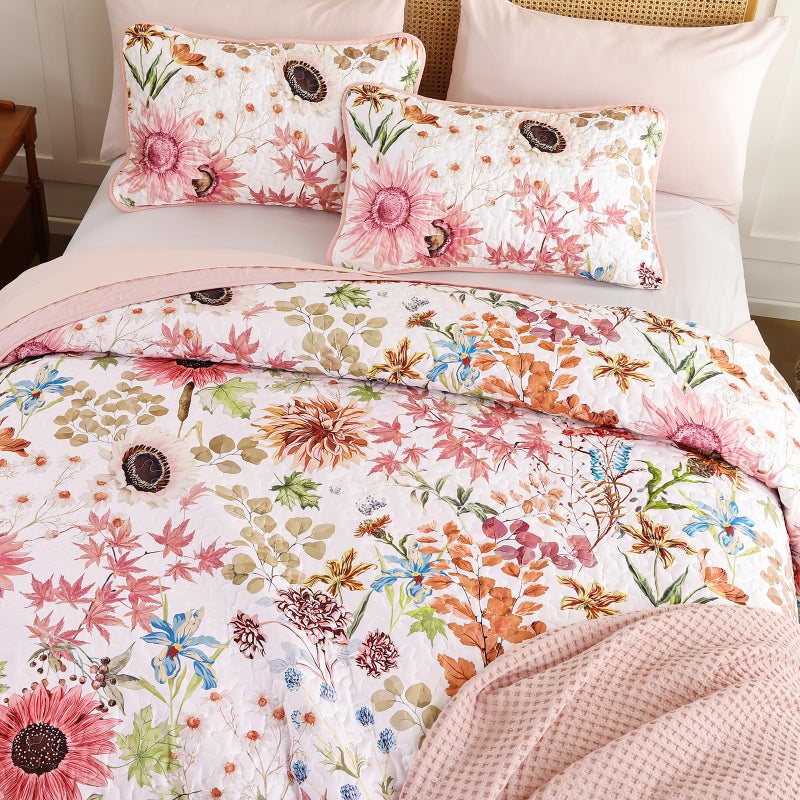 Yiran Pink Floral Quilts Queen Size, Sunflower Botanical Bedspread Bedding Set, 3 Pieces Colorful Soft Lightweight Microfiber Coverlet with 2 Pillow Shams for All Season 96x90 Inch - Image 3
