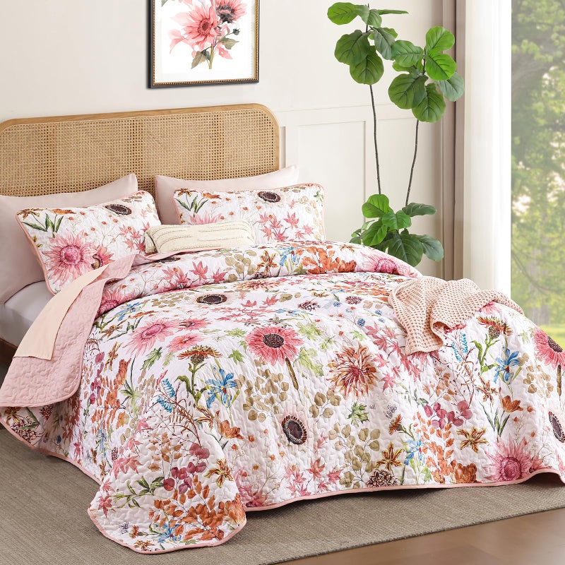 Yiran Pink Floral Quilts Queen Size, Sunflower Botanical Bedspread Bedding Set, 3 Pieces Colorful Soft Lightweight Microfiber Coverlet with 2 Pillow Shams for All Season 96x90 Inch - Image 2