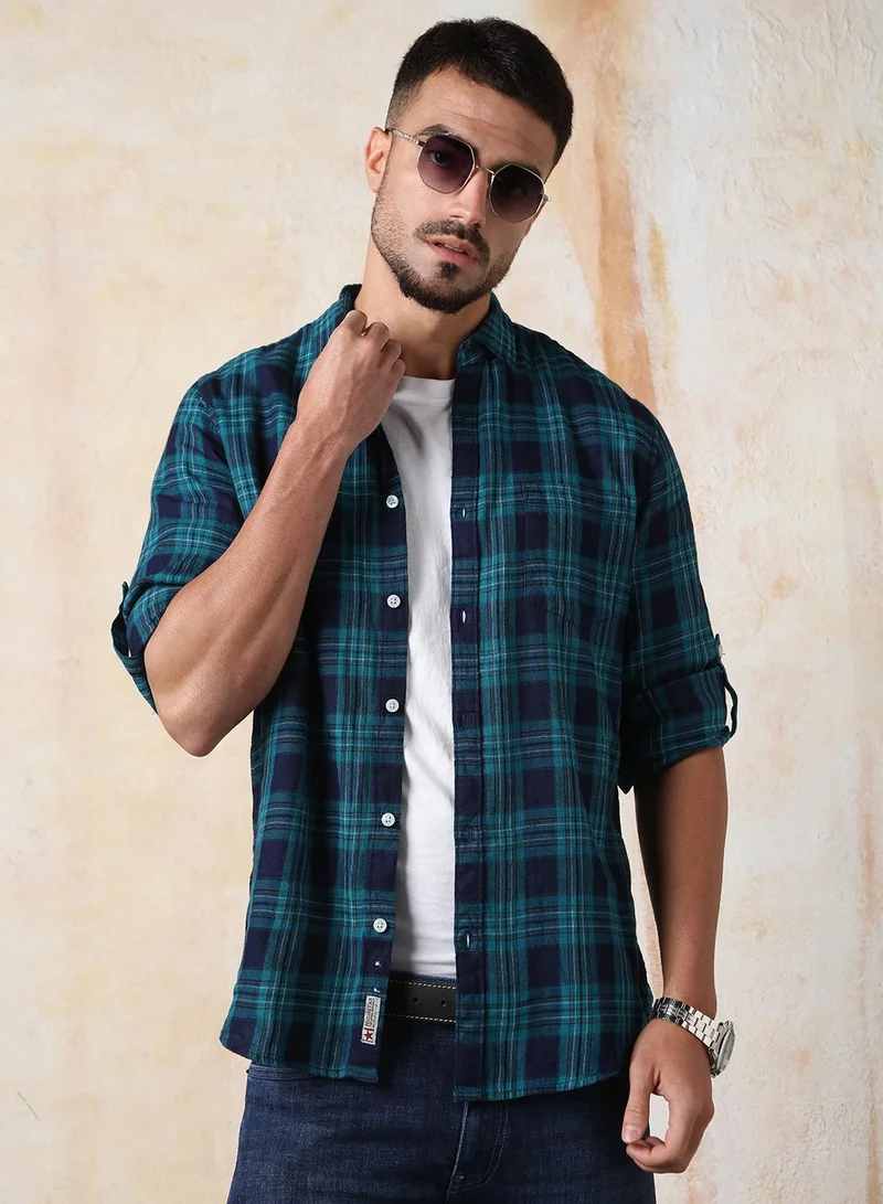 HIGH STAR Men Comfort Fit Spread Collar Tartan Checked Cotton Casual Shirt