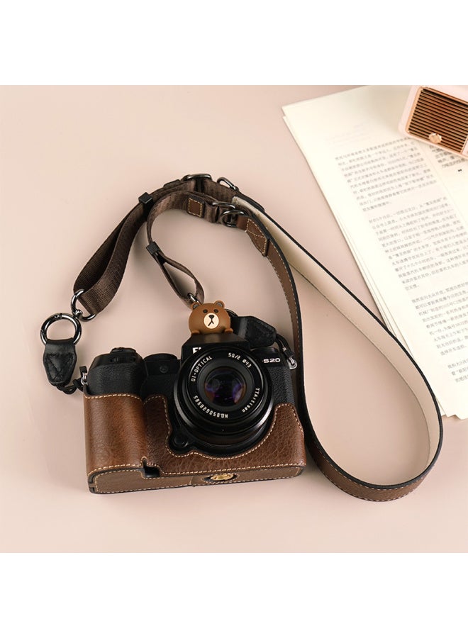 Suitable For Fuji XS20 Protective Case XT30 Second Generation Camera Bag XT5 Base XM5 Leather Case XT20/XS10 Case-Color:D: Xs20 Lychee Pattern Base [brown] + V303 Shoulder Strap, Tempered Film (excluding Hot Shoe Cover)  - Image 1